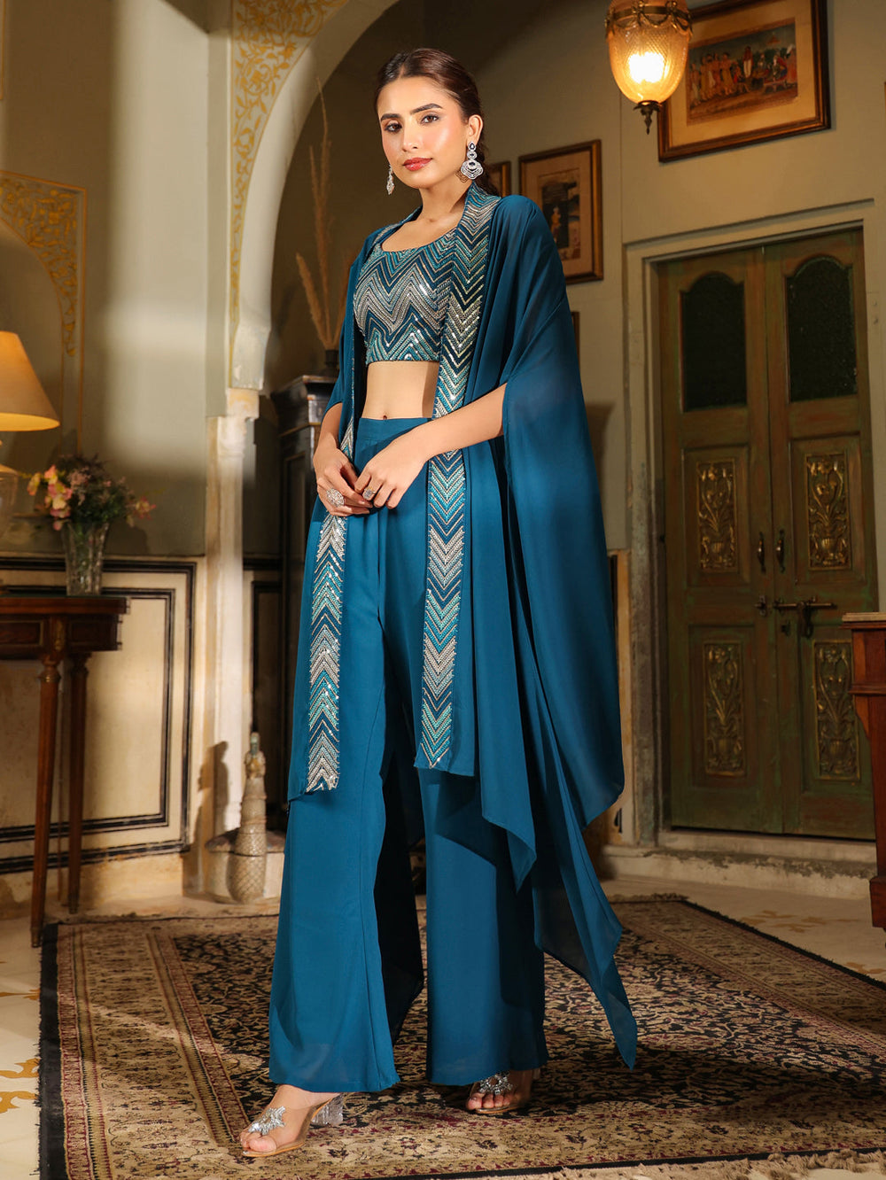 ZERESOUQ-Teal-Blue-Georgette-Embroidered-Designer-Co-Ord-Set