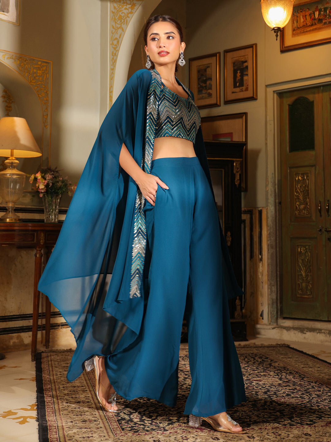 Teal-Blue-Georgette-Embroidered-Lehenga-Set