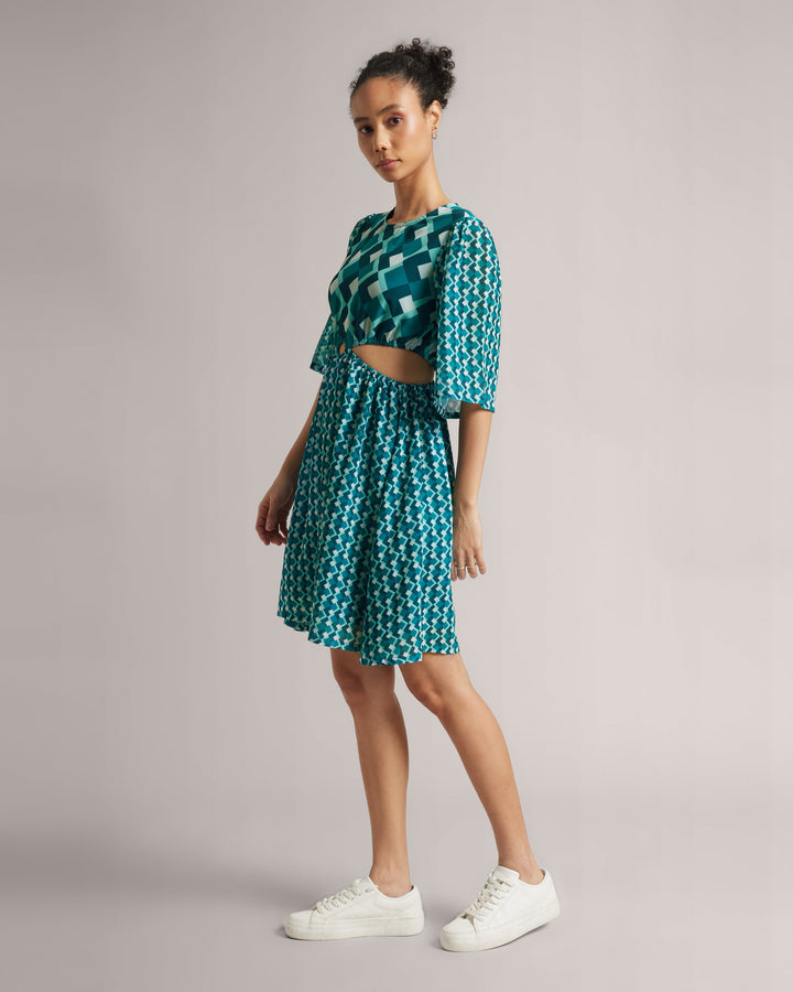 Teal Blue Georgette Geometric Print Cut-Out Midi Dress