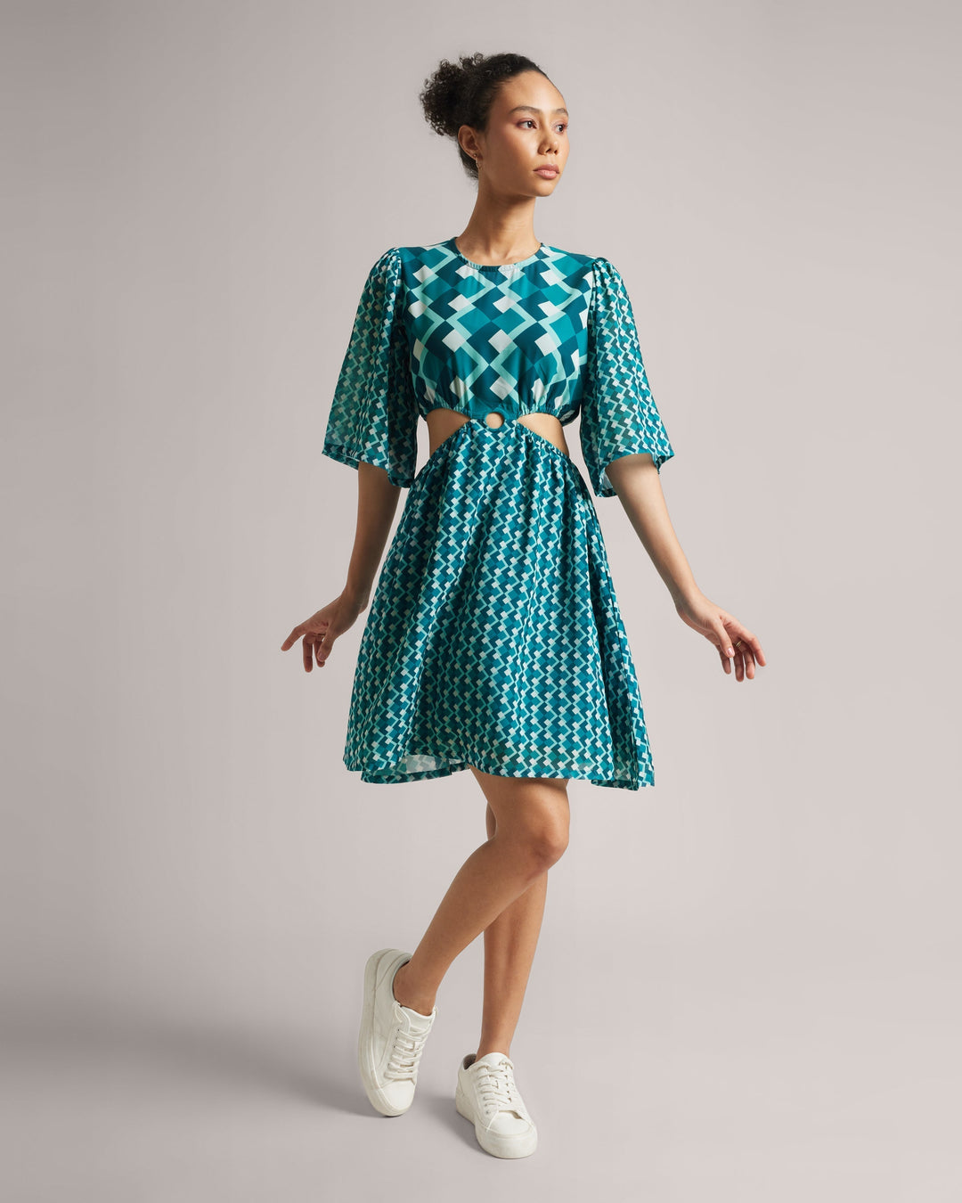 Teal Blue Georgette Geometric Print Cut-Out Midi Dress