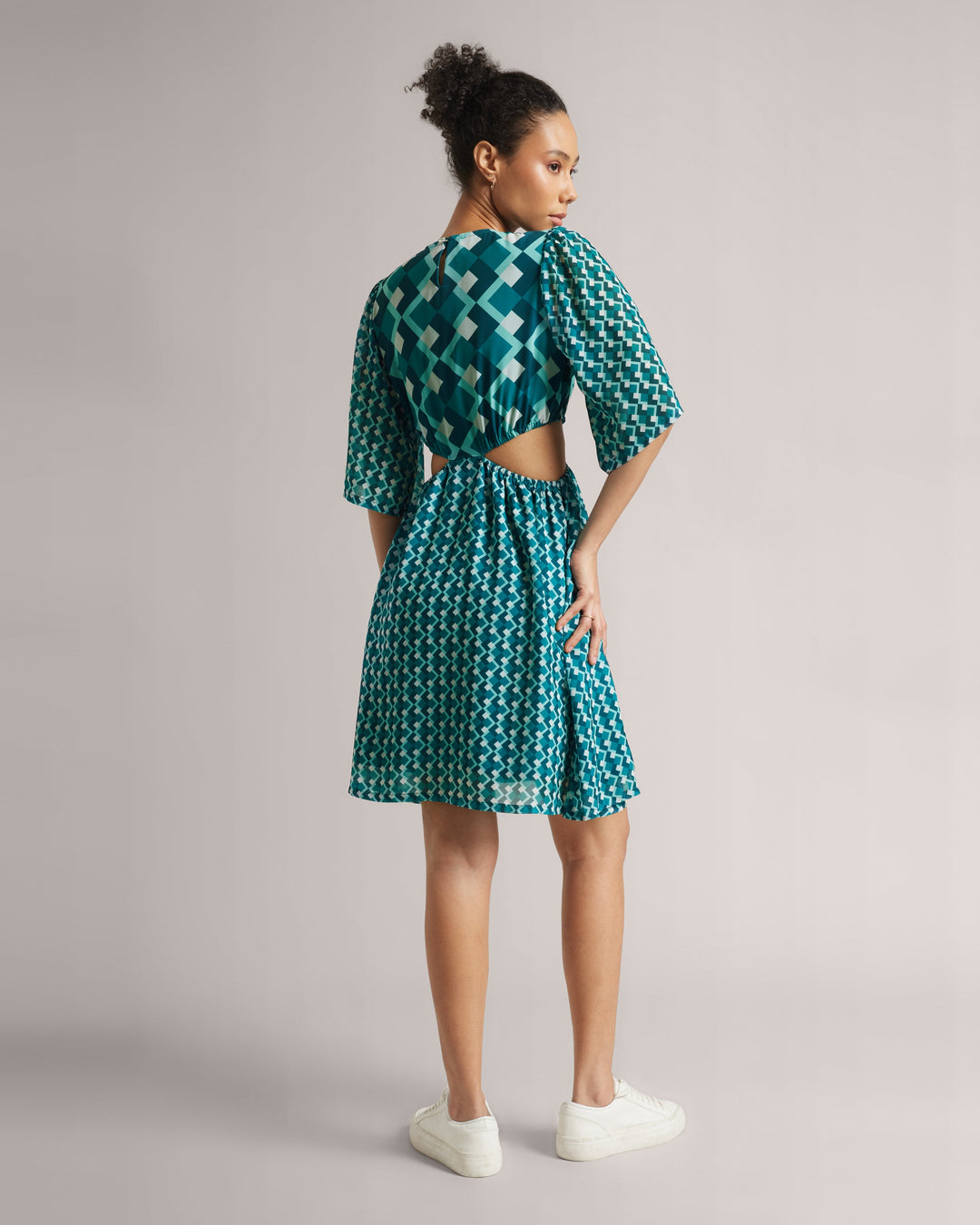 Teal Blue Georgette Geometric Print Cut-Out Midi Dress