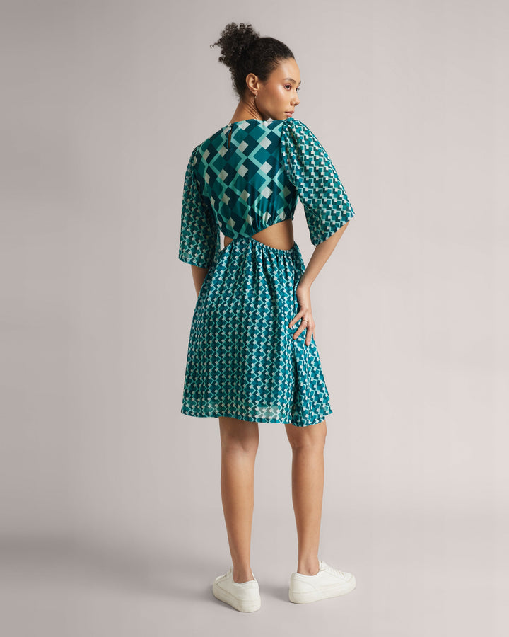 Teal Blue Georgette Geometric Print Cut-Out Midi Dress