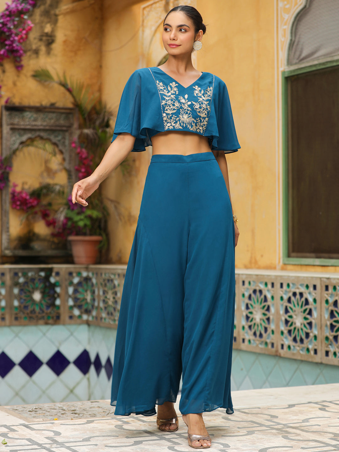 Teal-Blue-Georgette-Yoke-Embroidery-Co-Ord-Set