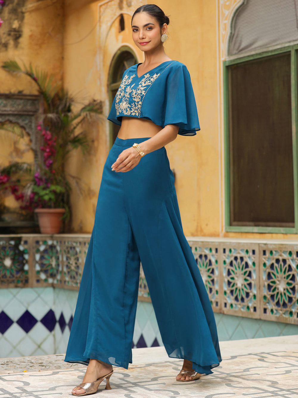 ZERESOUQ-Teal-Blue-Georgette-Yoke-Embroidery-Co-Ord-Set