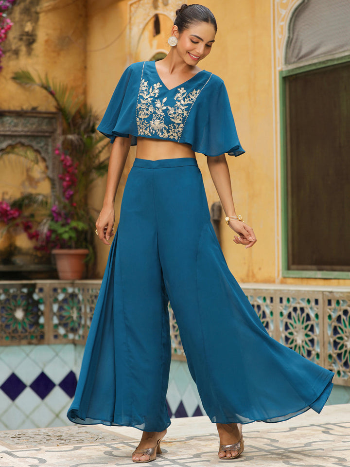 Teal-Blue-Georgette-Yoke-Embroidery-Co-Ord-Set