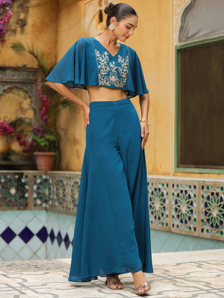 Teal-Blue-Georgette-Yoke-Embroidery-Co-Ord-Set