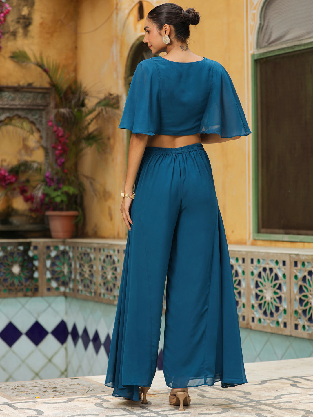 Teal-Blue-Georgette-Yoke-Embroidery-Co-Ord-Set