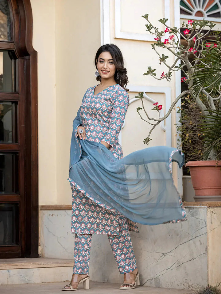 Teal-Blue-Cotton-Leaf-Print-Straight-3-Piece-Kurta-Set