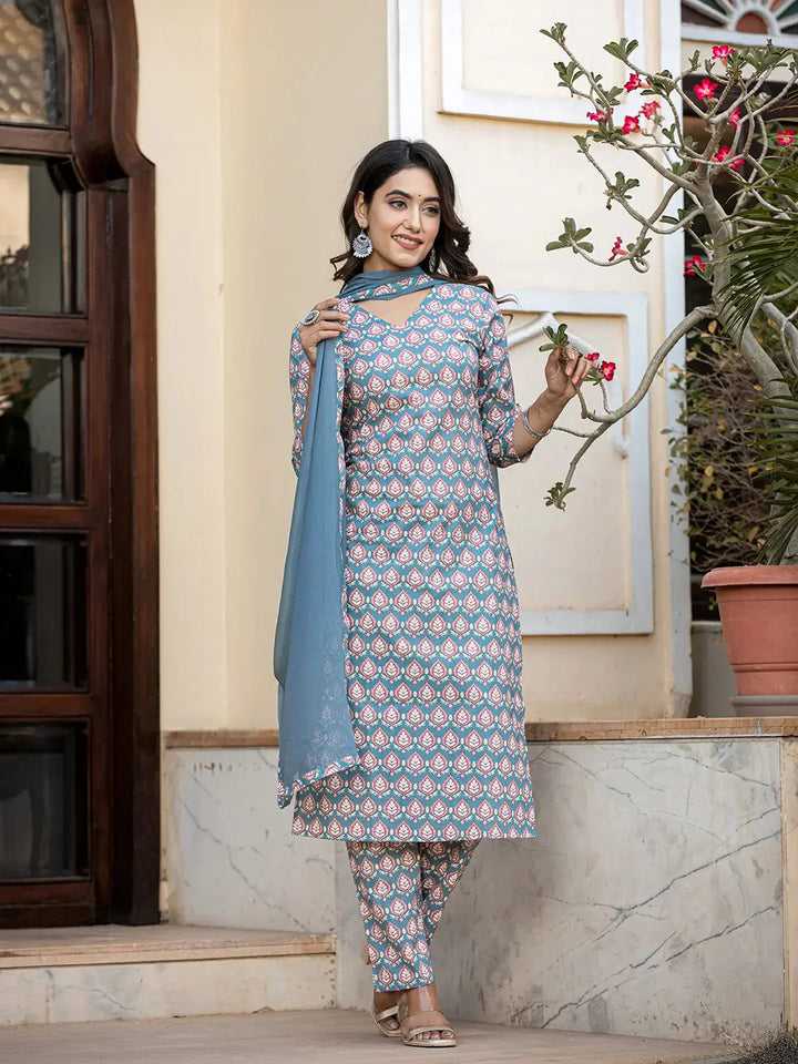 Teal-Blue-Cotton-Leaf-Print-Straight-3-Piece-Kurta-Set