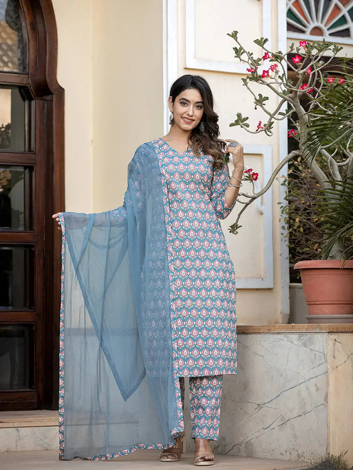 Teal-Blue-Cotton-Leaf-Print-Straight-3-Piece-Kurta-Set