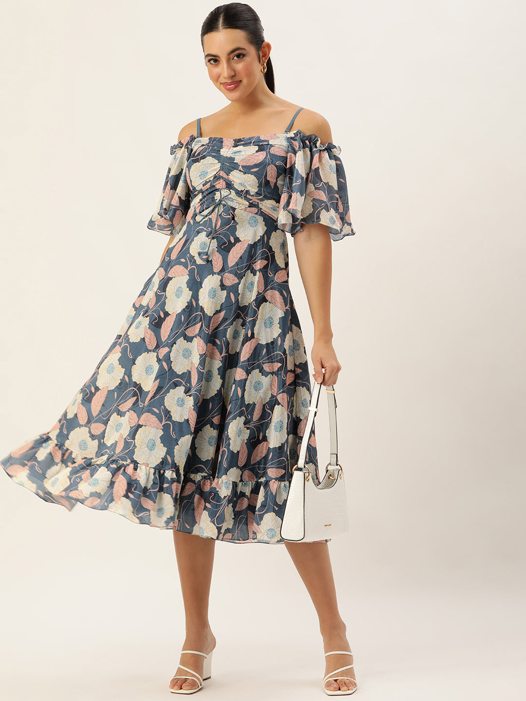 Teal-Chinon-Printed-Off-Shoulder-Dress