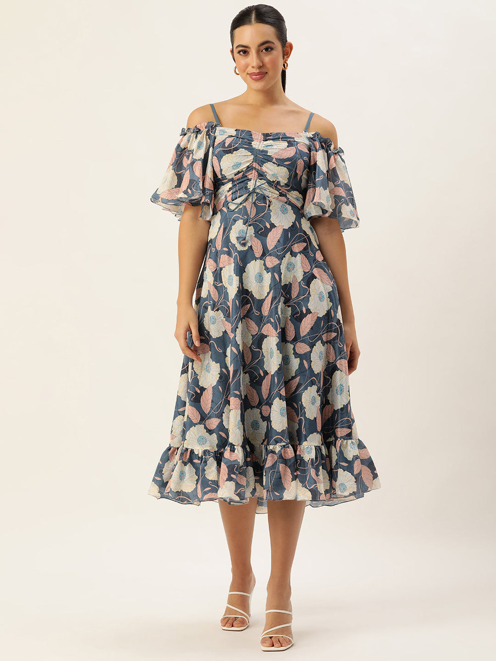 Teal-Chinon-Printed-Off-Shoulder-Dress