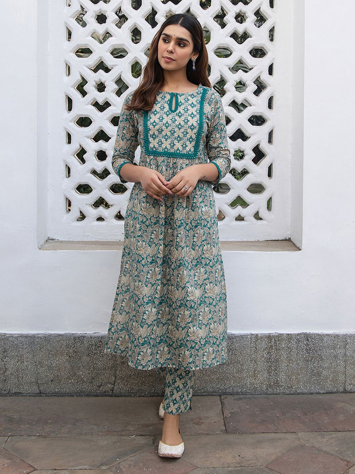 Teal-Cotton-Floral-Printed-2-Piece-Kurta-Set