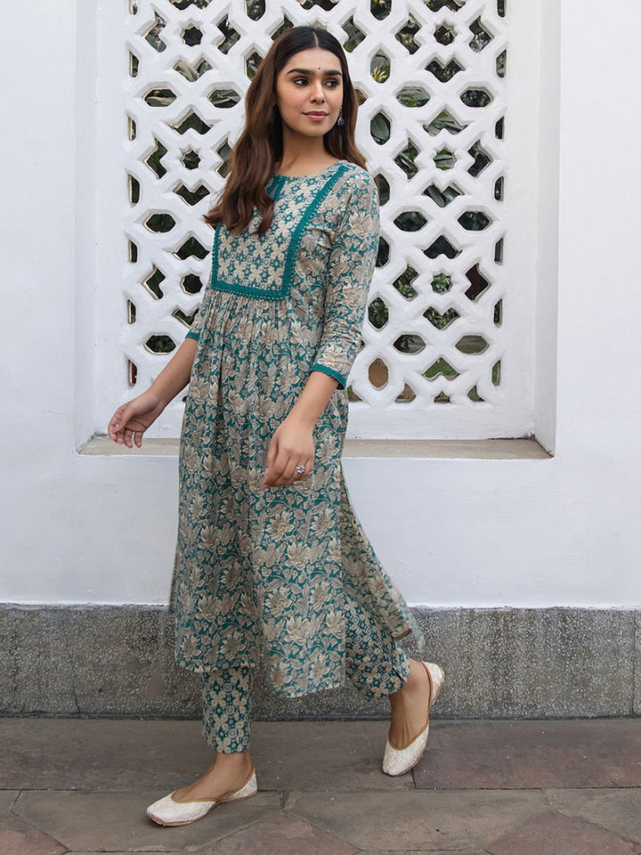 Teal-Cotton-Floral-Printed-2-Piece-Kurta-Set