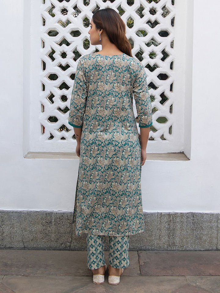 Teal-Cotton-Floral-Printed-2-Piece-Kurta-Set