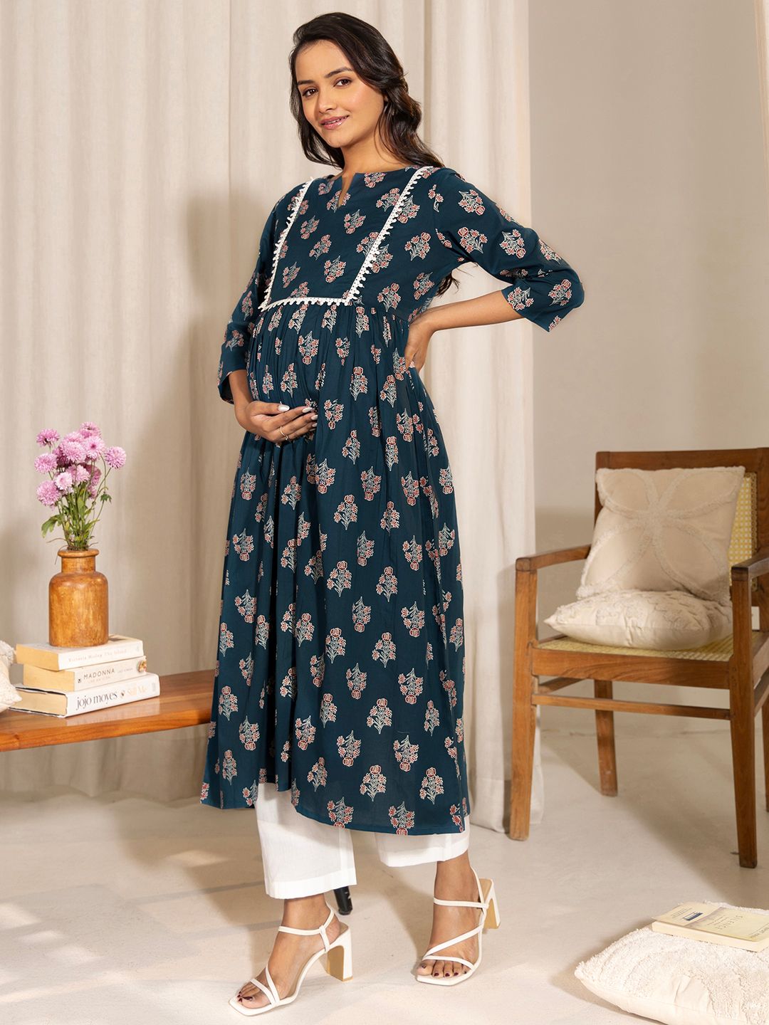 ZERESOUQ-Teal-Cotton-Floral-Printed-Kurta