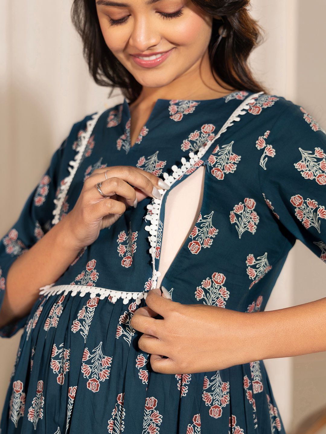 ZERESOUQ-Teal-Cotton-Floral-Printed-Kurta