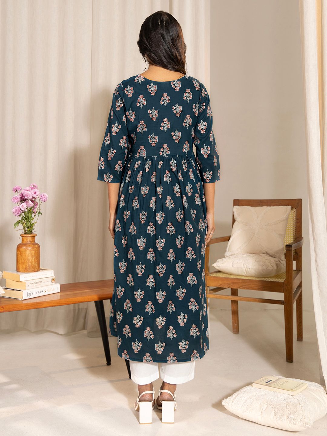 ZERESOUQ-Teal-Cotton-Floral-Printed-Kurta