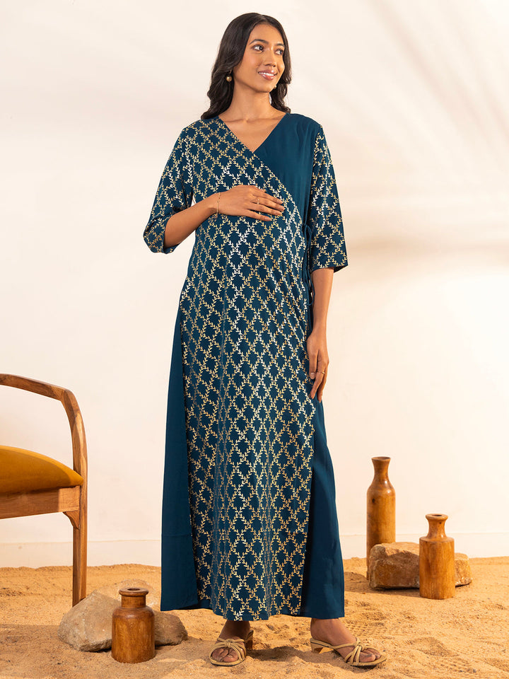 ZERESOUQ-Teal-Crepe-Angrakha-Maternity-Kurta