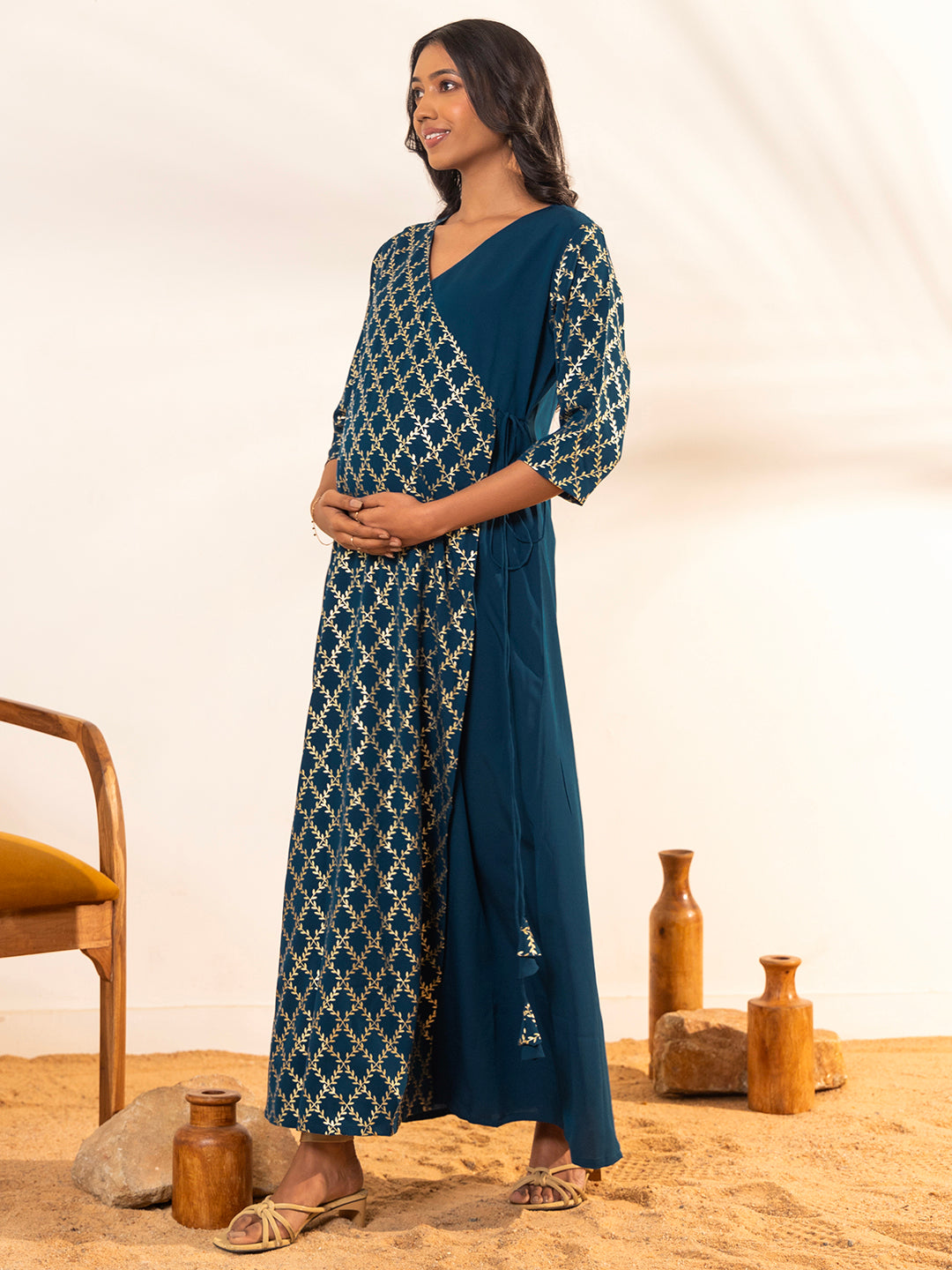 ZERESOUQ-Teal-Crepe-Angrakha-Maternity-Kurta