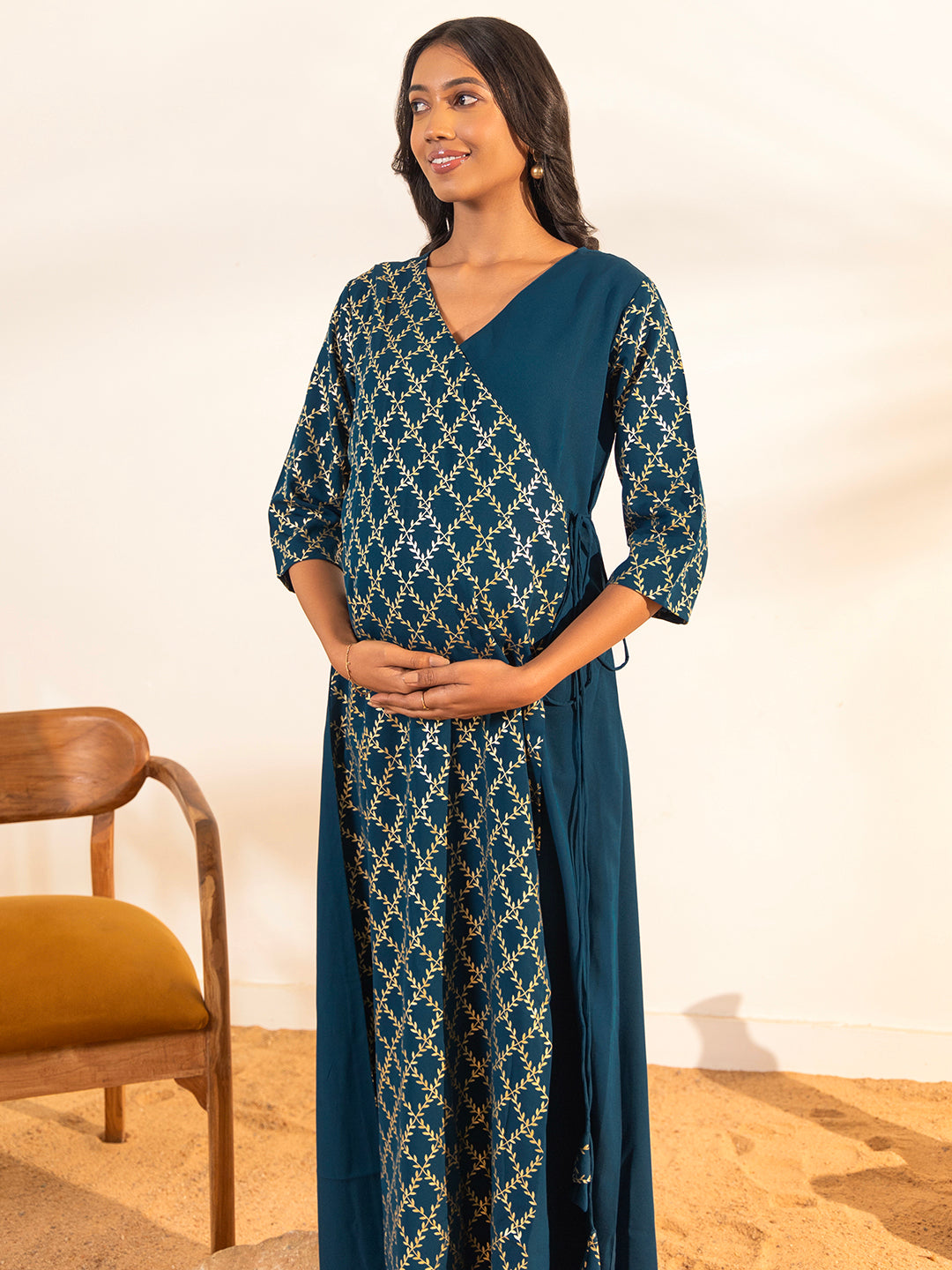 ZERESOUQ-Teal-Crepe-Angrakha-Maternity-Kurta