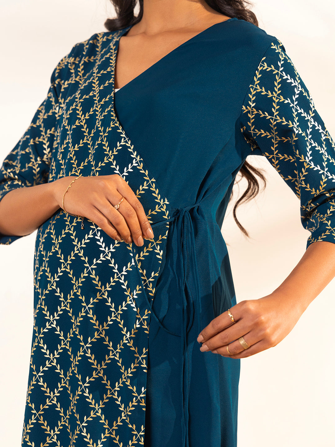 ZERESOUQ-Teal-Crepe-Angrakha-Maternity-Kurta