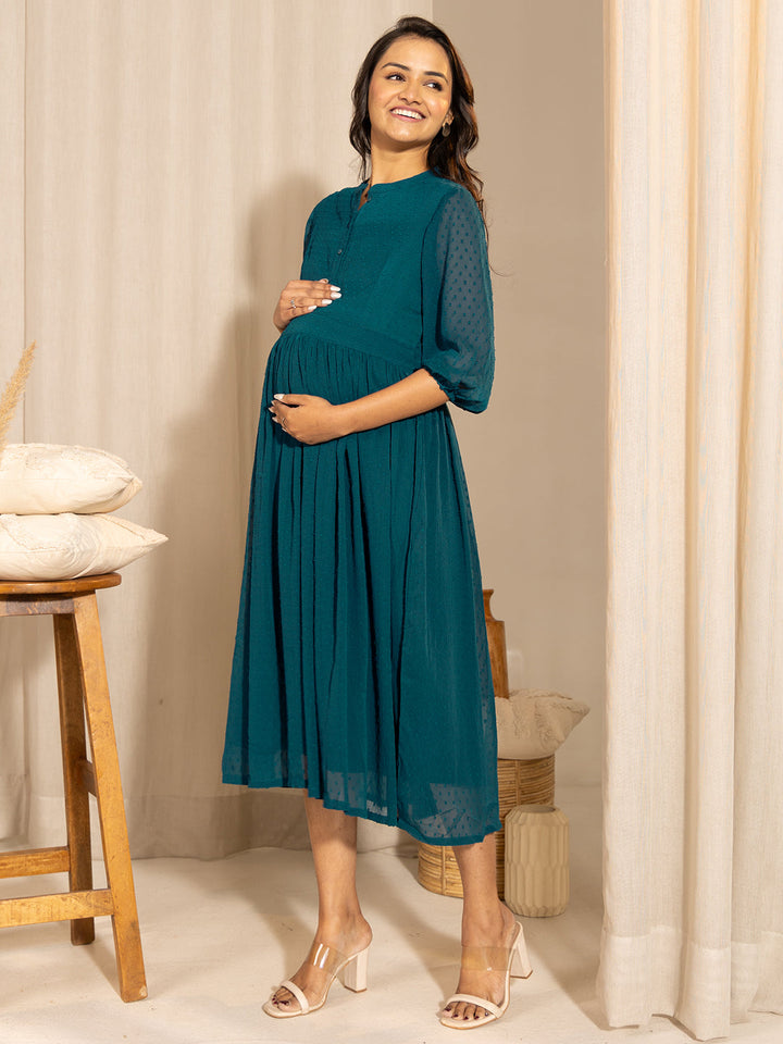 ZERESOUQ-Teal-Dobby-Georgette-Flared-Maternity-Kurta