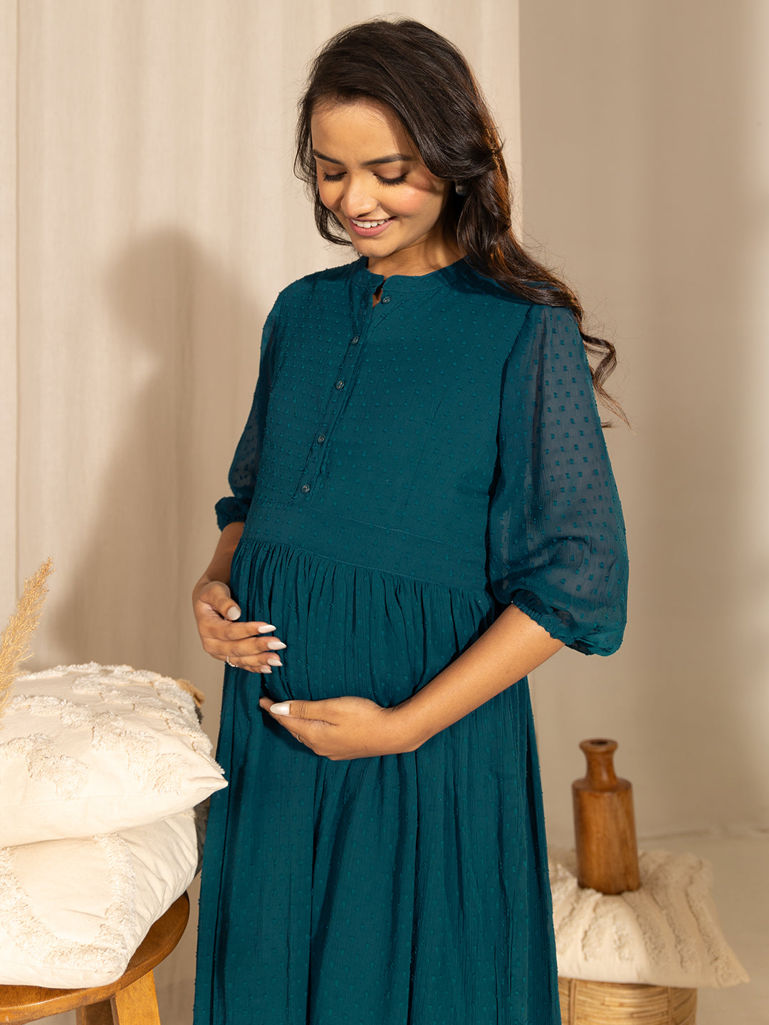 ZERESOUQ-Teal-Dobby-Georgette-Flared-Maternity-Kurta