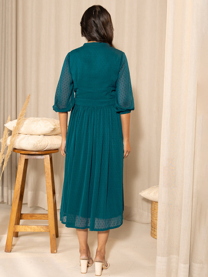 ZERESOUQ-Teal-Dobby-Georgette-Flared-Maternity-Kurta