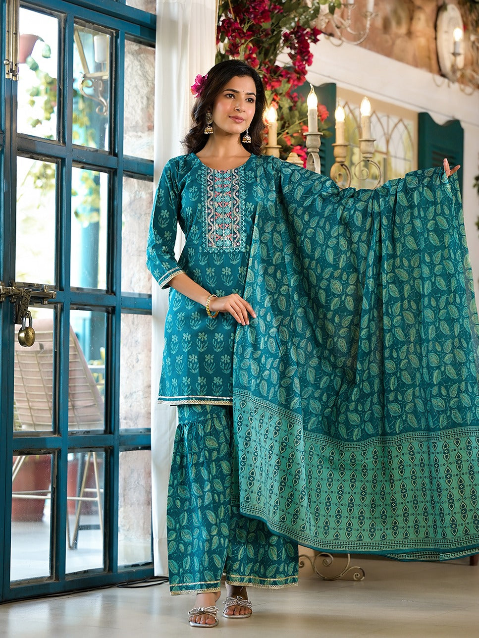 Teal-Blue-Cotton-Floral-Sequins-Work-Sharara-Set