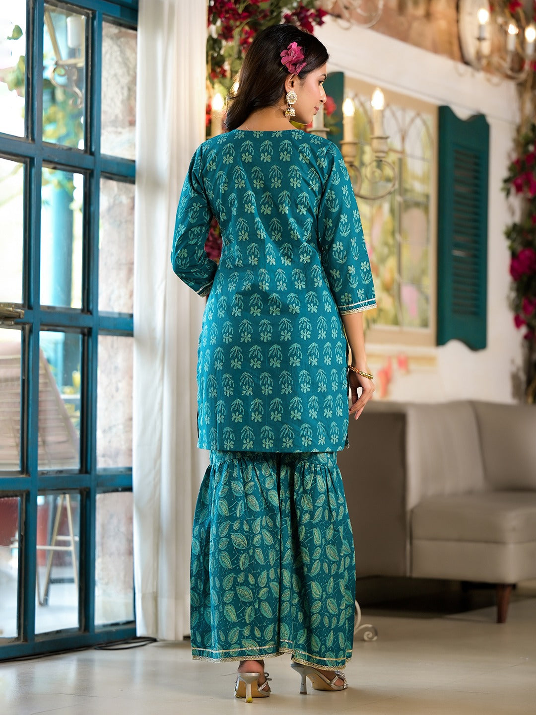 Teal-Blue-Cotton-Floral-Sequins-Work-Sharara-Set