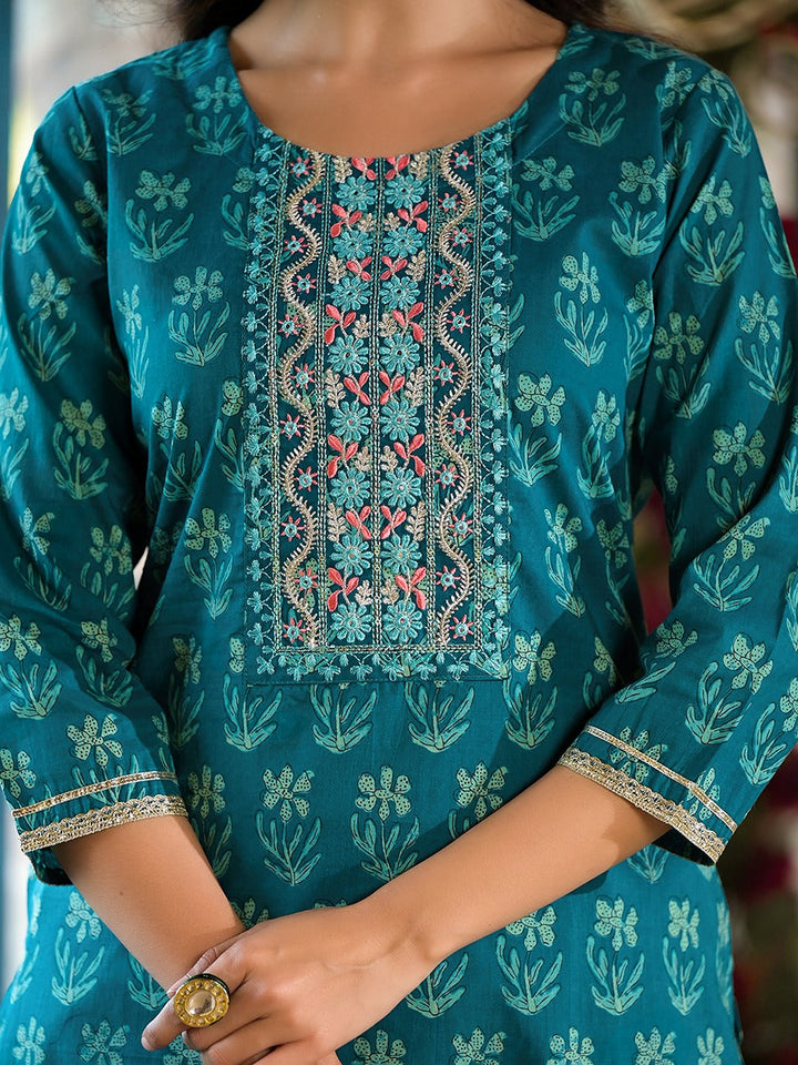 Teal-Blue-Cotton-Floral-Sequins-Work-Sharara-Set