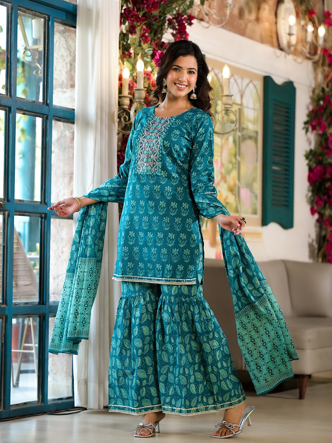 Teal-Blue-Cotton-Floral-Sequins-Work-Sharara-Set