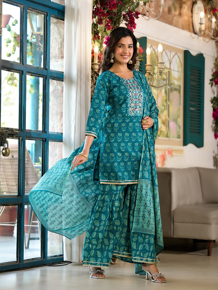 Teal-Blue-Cotton-Floral-Sequins-Work-Sharara-Set