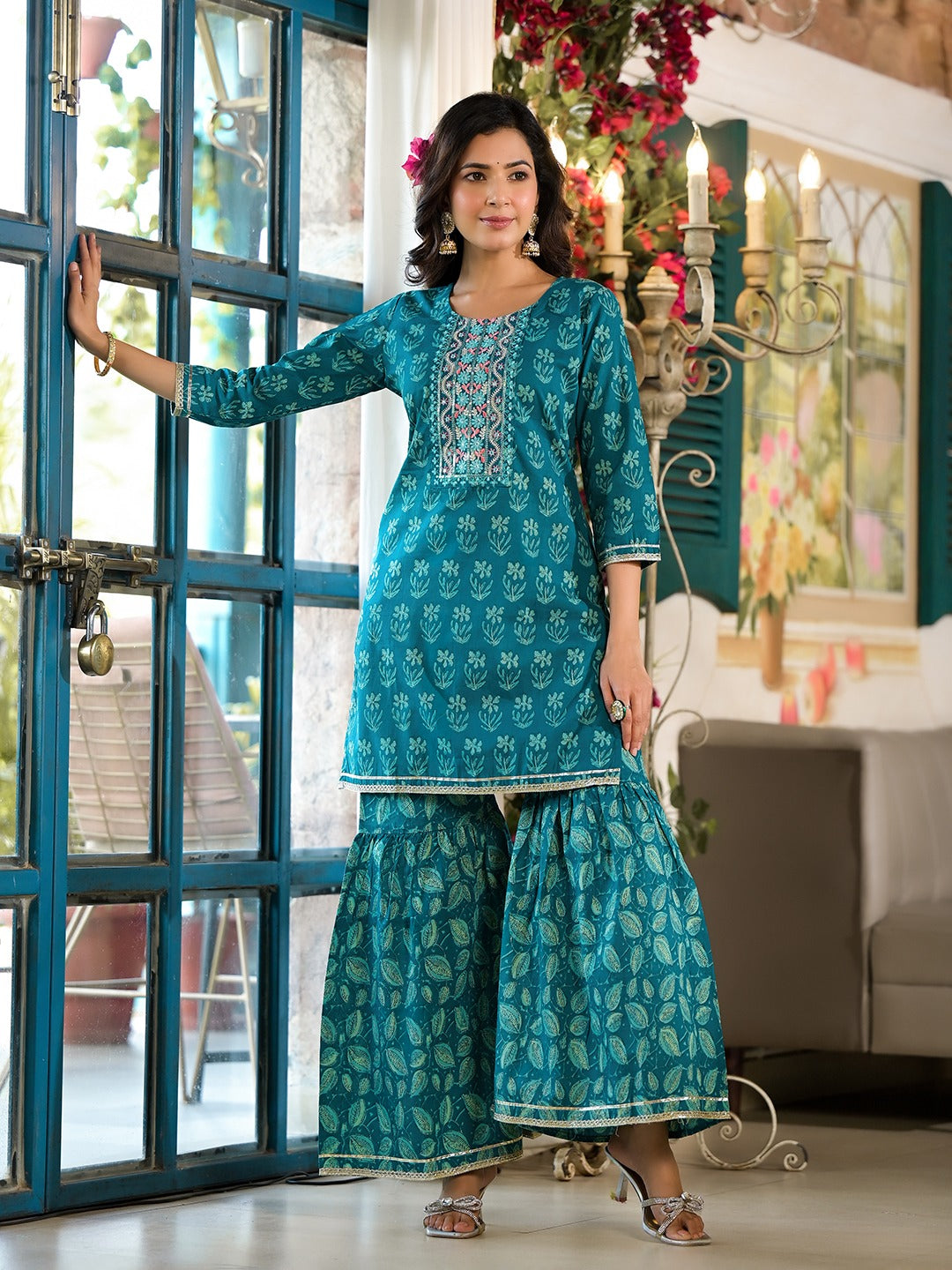 Teal-Blue-Cotton-Floral-Sequins-Work-Sharara-Set