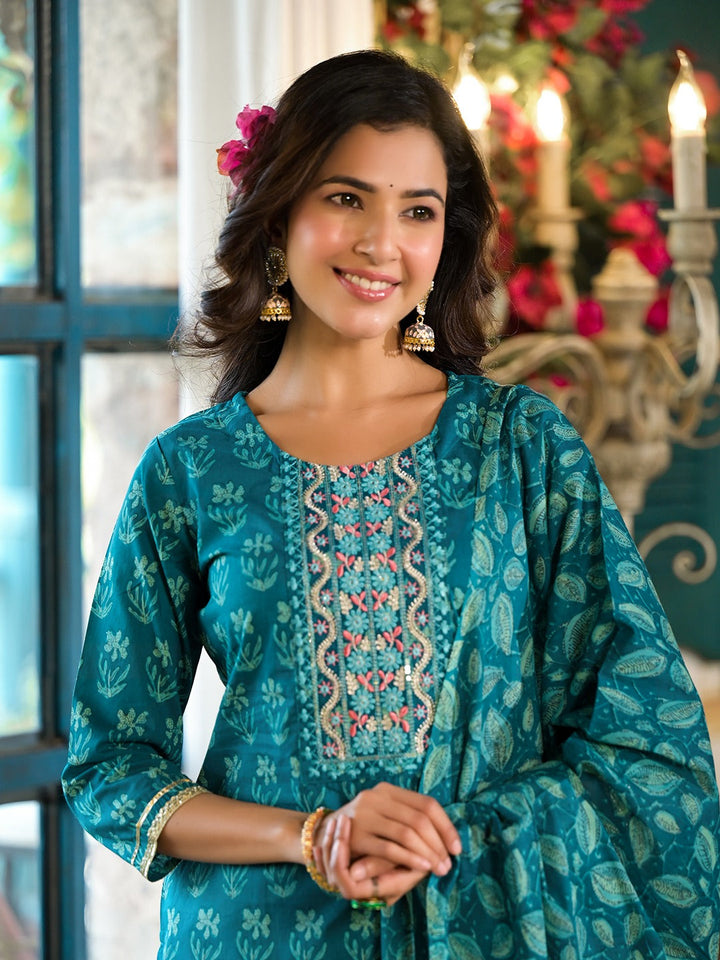 Teal-Blue-Cotton-Floral-Sequins-Work-Sharara-Set