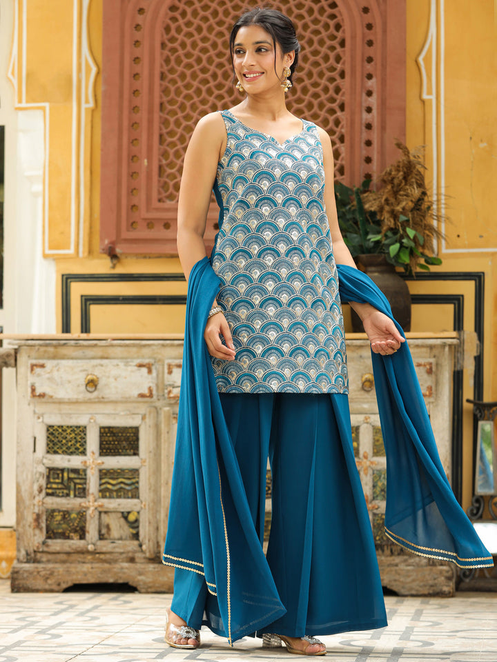 Teal Georgette Front Embroidered Straight Kurta Set