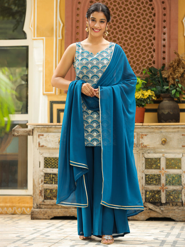 Teal Georgette Front Embroidered Straight Kurta Set