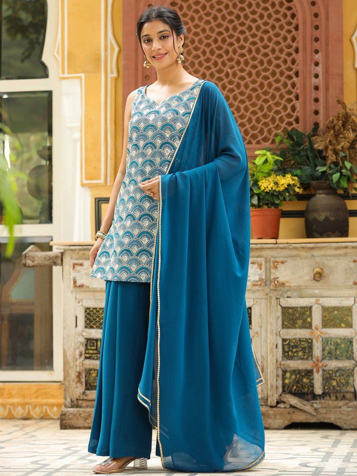 Teal Georgette Front Embroidered Straight Kurta Set