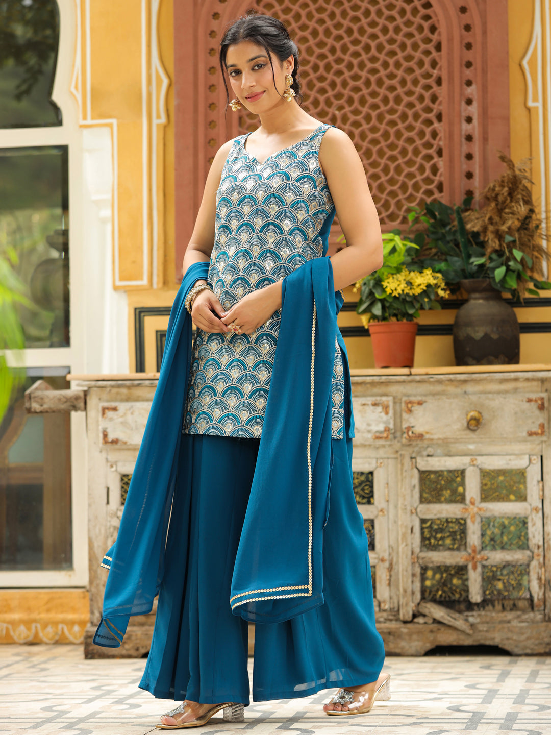 Teal Georgette Front Embroidered Straight Kurta Set