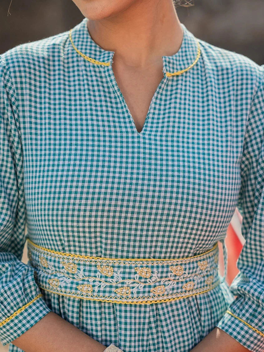 Teal-Green-Cotton-Check-Comes-With-A-Belt-Dress