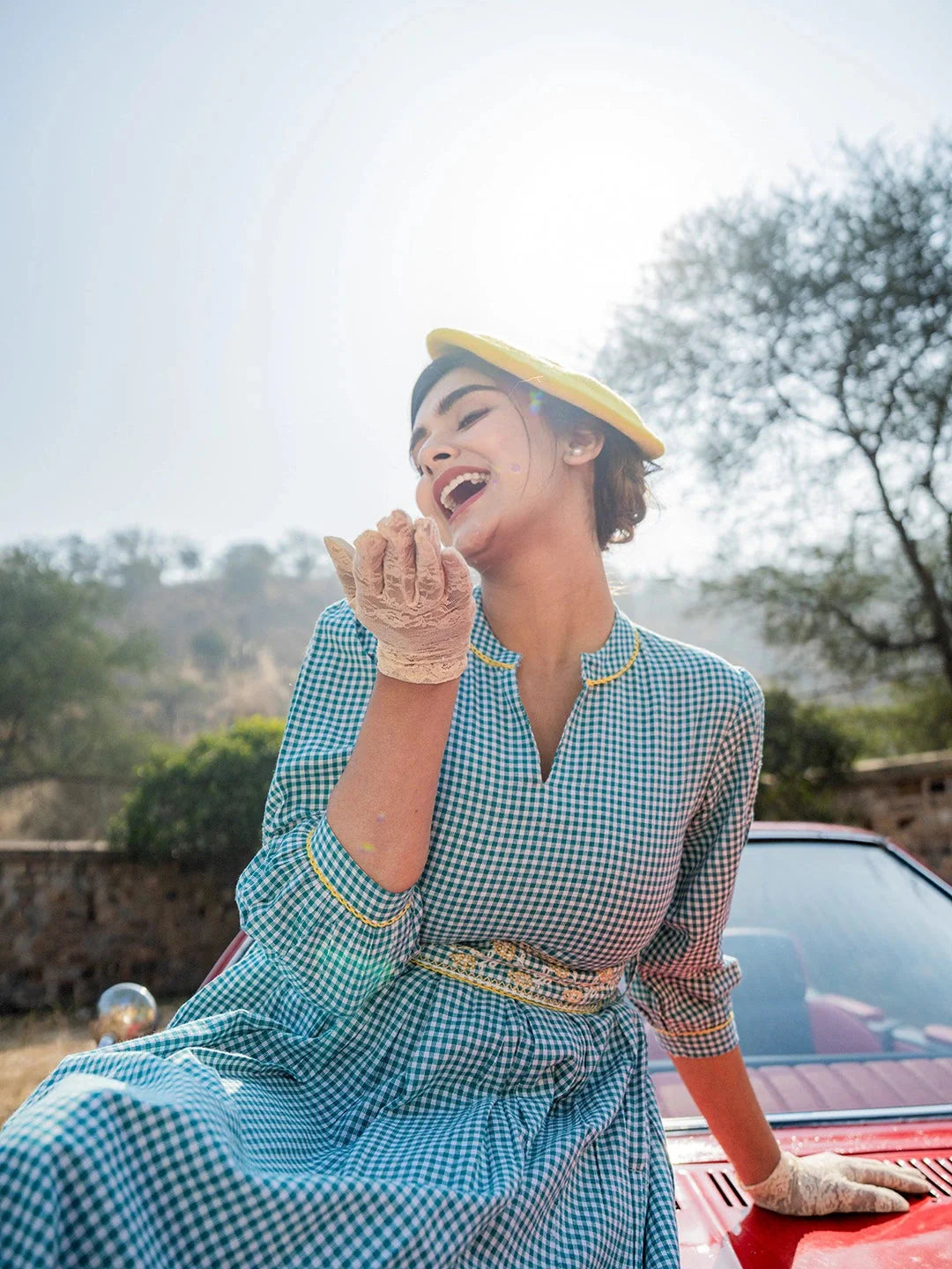 Teal-Green-Cotton-Check-Comes-With-A-Belt-Dress