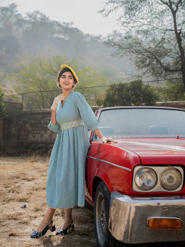 Teal-Green-Cotton-Check-Comes-With-A-Belt-Dress