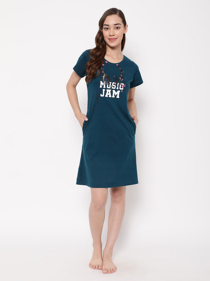 Teal-Green-Cotton-Text-Print-Short-Night-Dress