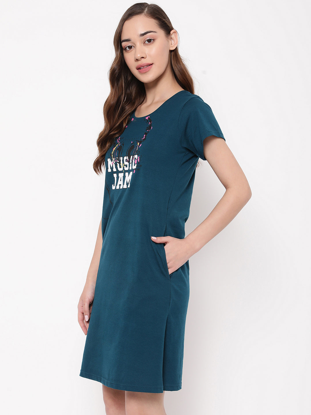 Teal-Green-Cotton-Text-Print-Short-Night-Dress