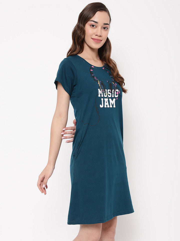 Teal-Green-Cotton-Text-Print-Short-Night-Dress