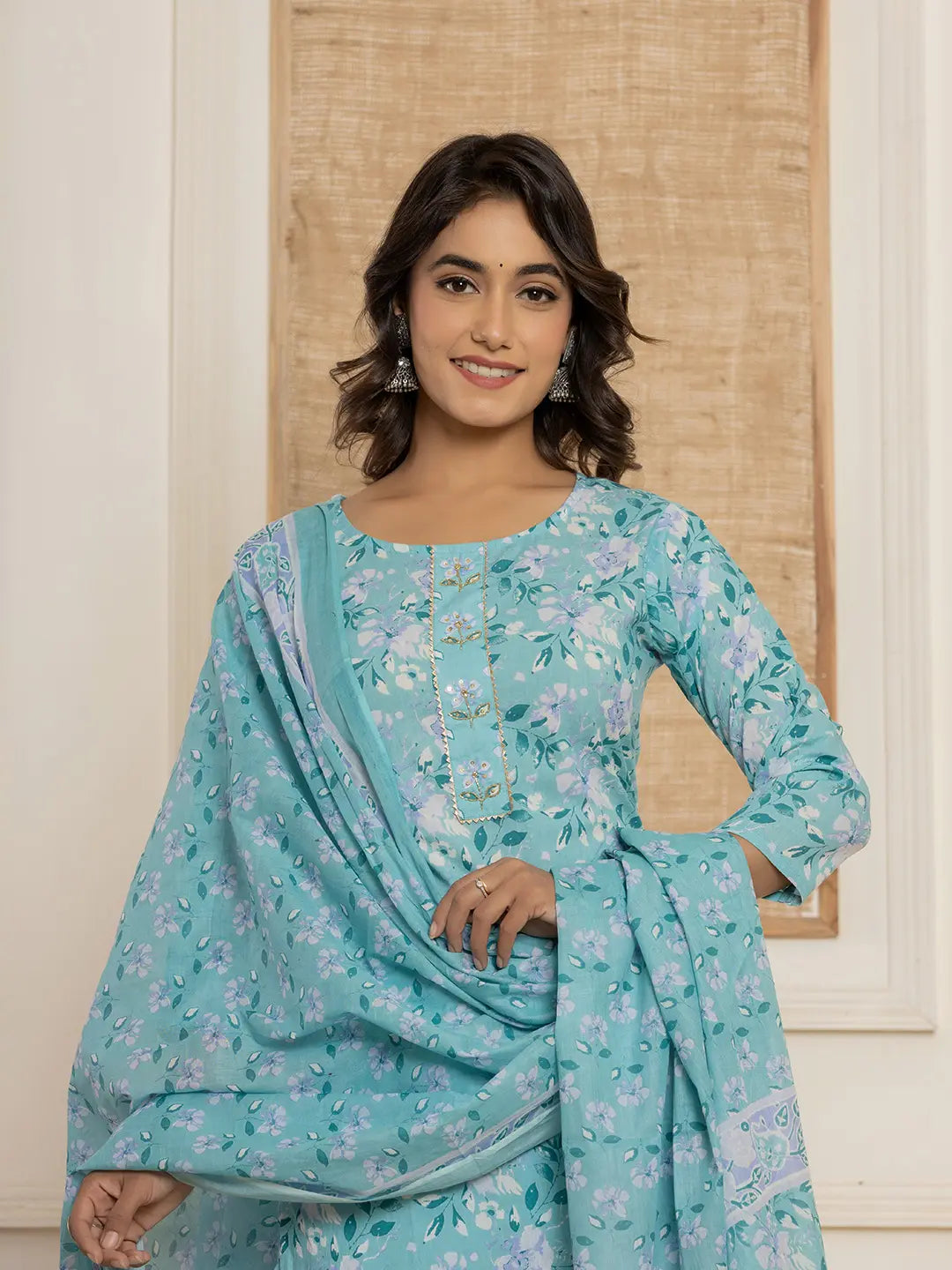 Teal-Green-Cotton-Floral-Print-Straight-3-Piece-Kurta-Set