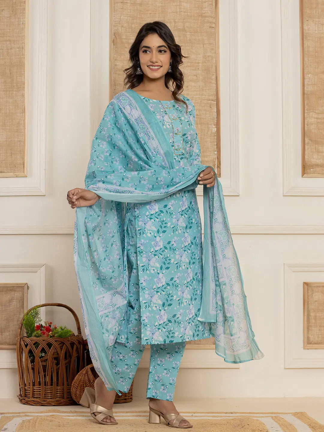 Teal-Green-Cotton-Floral-Print-Straight-3-Piece-Kurta-Set