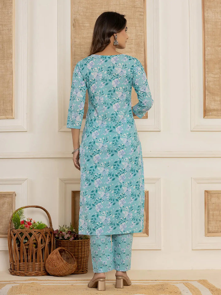 Teal-Green-Cotton-Floral-Print-Straight-3-Piece-Kurta-Set