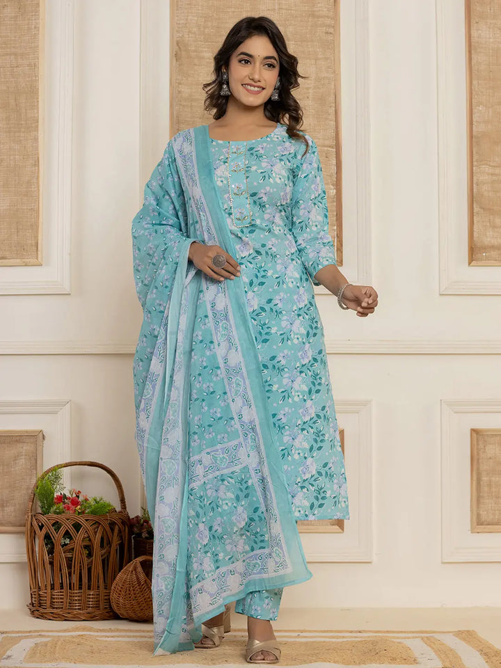 Teal-Green-Cotton-Floral-Print-Straight-3-Piece-Kurta-Set